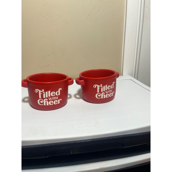 2 Red "Filled With Cheer" Soup Bowls with Handles Microwave Dishwasher Safe - Picture 1 of 2